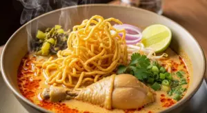 Discover Melbourne 18 Authentic bowl of Khao Soi at KHAO SOI Melbourne with golden coconut curry broth, crispy noodles, and fresh herbs served on Little Bourke Street.